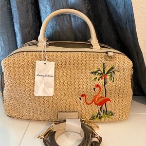 Tommy Bahama Beige Satchel with Flamingo Embroidery